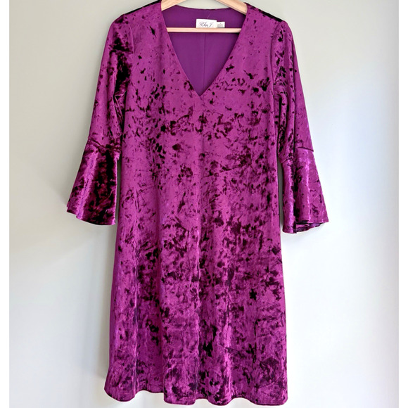 ELIZA J Crushed Velvet Shift Dress Bell Sleeves V-Neck Cocktail Party Size 10 - Picture 4 of 12